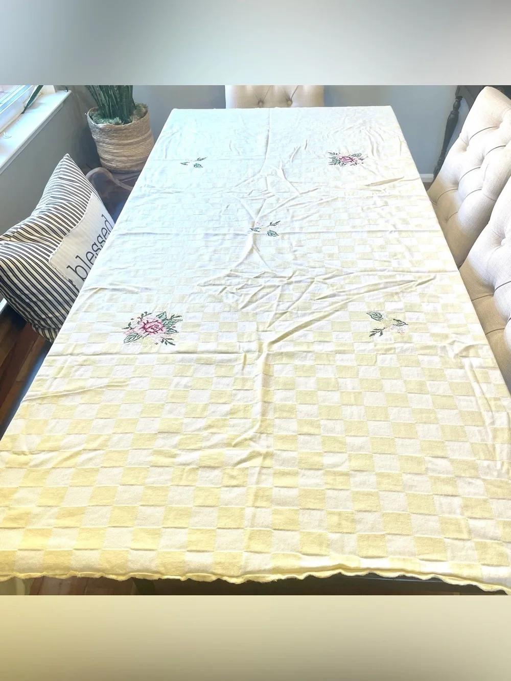 Vtg Yellow White Checkerboard Tablecloth Floral Cross Stitch 78